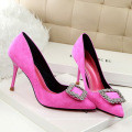 Exquisite Girl Shoe Square Buckle with Diamond Pointed Toe Black Color High Heel Pump Dress Shoes